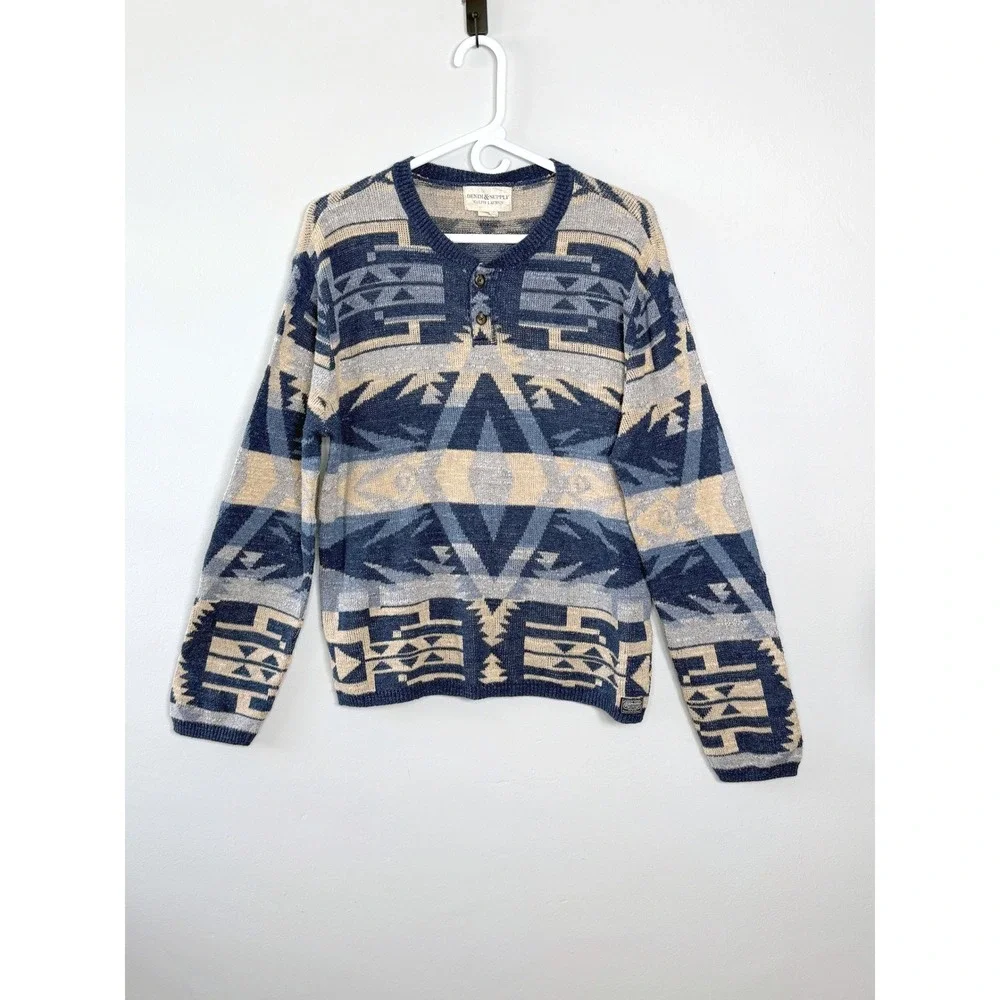 Denim & Supply Ralph Lauren Henley Sweater L Blue Southwestern Cotton Heritage